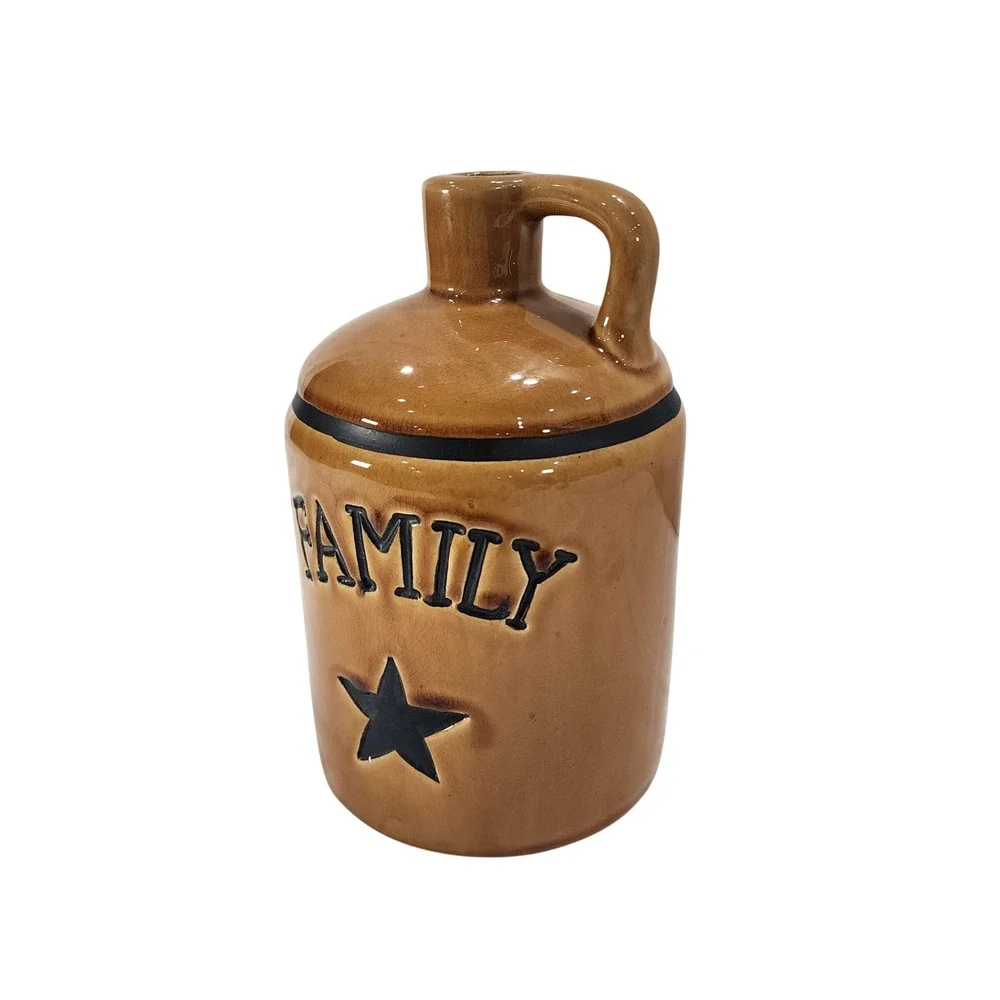 Kips Primitive Crackle Ceramic Jug Family Star Tan Rustic Farmhouse Decor 2009